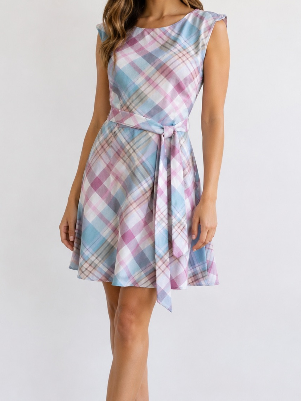 CLEO Pastel Plaid summer Dress with long zipper and waist tie